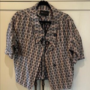 BCBGMaxAzria Grey and Black Geometric Ruffle Open Cropped Jacket, Size M